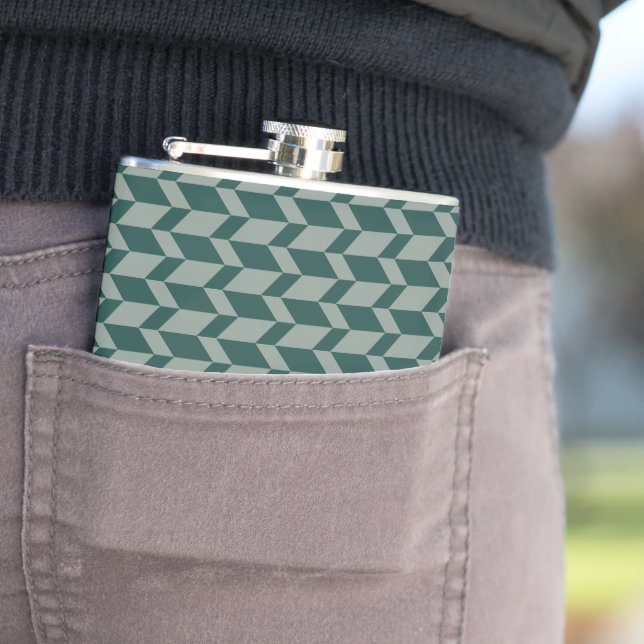 Bold Two Tone Arrow Chevron Stripe Green Tones Hip Flask (In Situ)