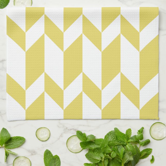 Bold Two Tone Arrow Chevron Stripe Yellow White Tea Towel (Folded)
