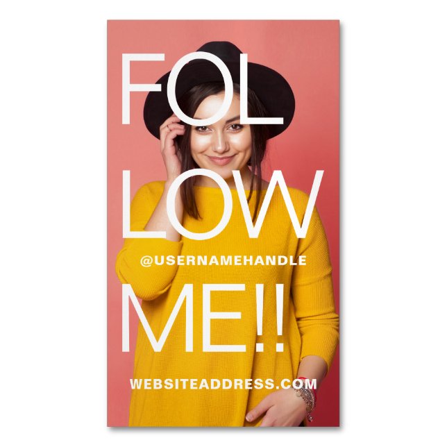 Bold Typographic Follow Me Social Media Full Photo Magnetic Business Card (Front Vertical)
