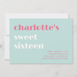 Bold typographic simple blue pink Sweet sixteen Invitation