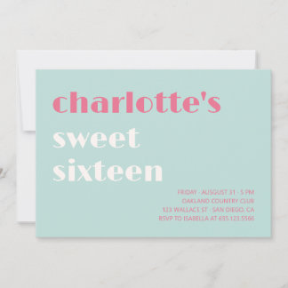 Bold typographic simple blue pink Sweet sixteen Invitation