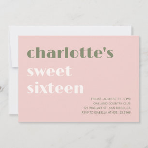 Bold typographic simple pink green Sweet sixteen Invitation
