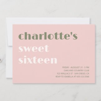 Bold typographic simple pink green Sweet sixteen Invitation