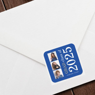 Bold Typography 3 photos Blue 2025 Graduation  Square Sticker