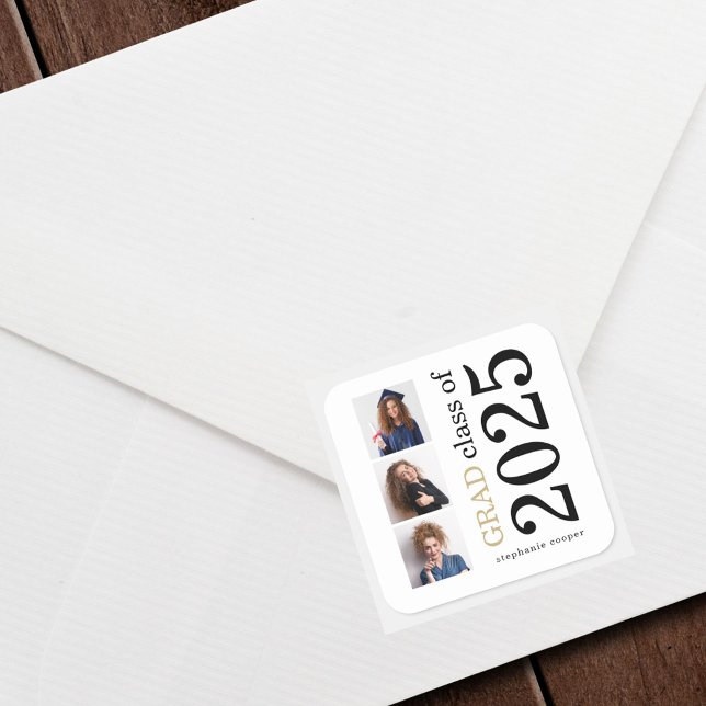 Bold Typography 3 photos White 2023 Graduation Square Sticker (Creator Uploaded)