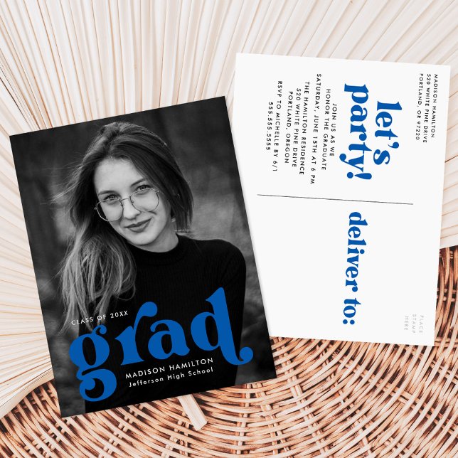 Bold Typography Blue Photo Graduation Party Invitation Postcard (Creator Uploaded)