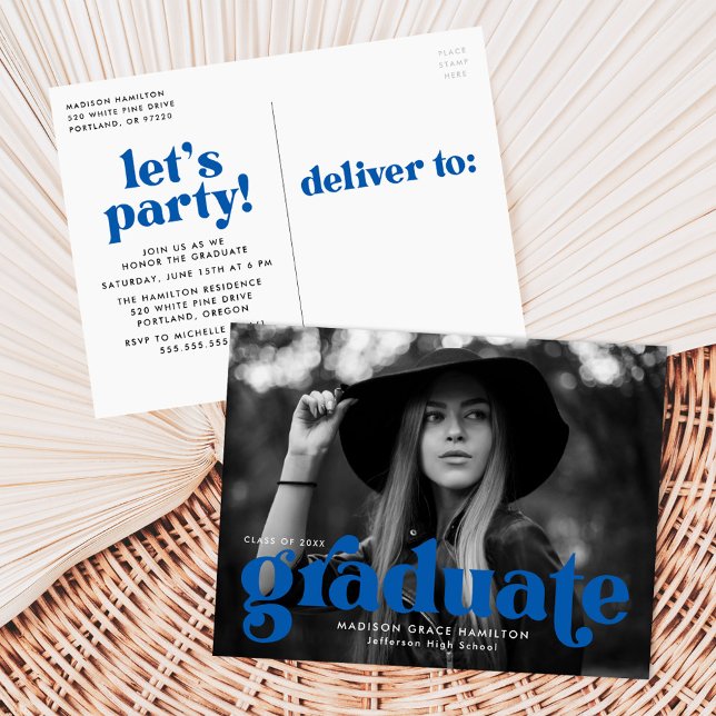 Bold Typography Blue Photo Graduation Party Invitation Postcard (Creator Uploaded)
