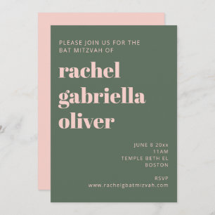 Bold Typography Blush Pink Green Bat Mitzvah Invitation