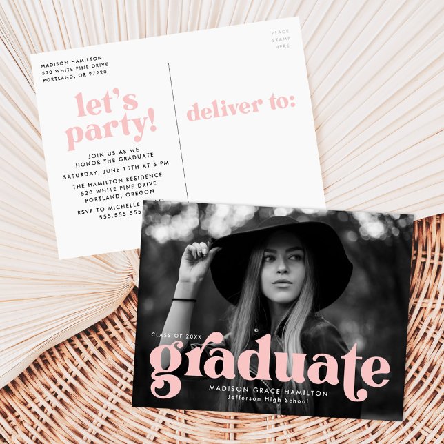 Bold Typography Blush Pink Photo Graduation Party Invitation Postcard (Creator Uploaded)