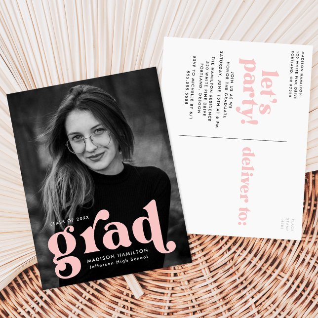 Bold Typography Blush Pink Photo Graduation Party Invitation Postcard (Creator Uploaded)