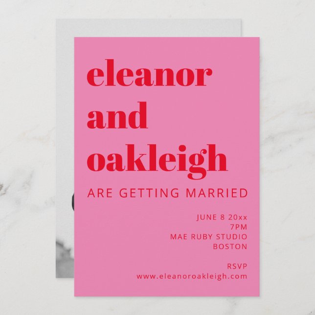 Bold Typography Bright Pink Red Photo Wedding Invitation (Front/Back)