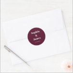 Bold Typography Burgundy Minimalist Wedding Classic Round Sticker<br><div class="desc">Easily personalise by replacing each info. Make sure to check the preview before adding to cart. View the collection link on this page to see all of the matching items in this design</div>