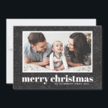 Bold Typography Chalkboard Merry Christmas Photo Holiday Card<br><div class="desc">Merry Christmas! Celebrate the holidays with this classic holiday flat card. It features retro bold typography and snow and snowflakes pattern on a faux chalkboard background. Personalise by adding names,  greeting and photo.</div>