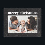Bold Typography Chalkboard Merry Christmas Photo Holiday Postcard<br><div class="desc">Merry Christmas! Celebrate the holidays with this classic photo holiday postcard. It features retro bold typography with snow and snowflakes pattern on a faux chalkboard background. Personalise by adding names,  greeting and photo. This modern Christmas postcard is available in other colours and cardstock.</div>