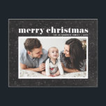 Bold Typography Chalkboard Merry Christmas Photo Holiday Postcard<br><div class="desc">Merry Christmas! Celebrate the holidays with this classic photo holiday postcard. It features retro bold typography with snow and snowflakes pattern on a faux chalkboard background. Personalise by adding names,  greeting and photo. This modern Christmas postcard is available in other colours and cardstock.</div>