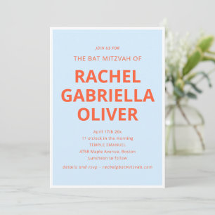Bold Typography Cool Blue Orange Bat Mitzvah Invitation