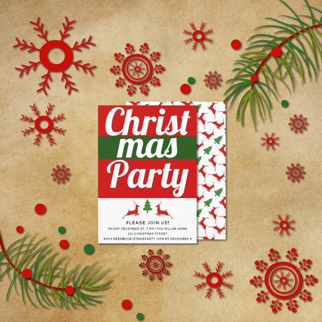 Bold typography deer, tree Christmas holiday party Invitation (Creator Uploaded)