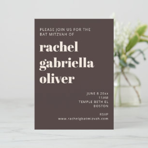 Bold Typography Earthy Brown Modern Bat Mitzvah Invitation