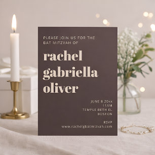 Bold Typography Earthy Brown Modern Bat Mitzvah Invitation