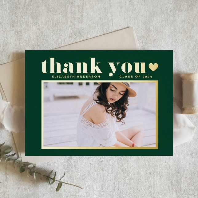 Bold Typography Emerald Green Graduation Thank You Foil Greeting Card (Creator Uploaded)