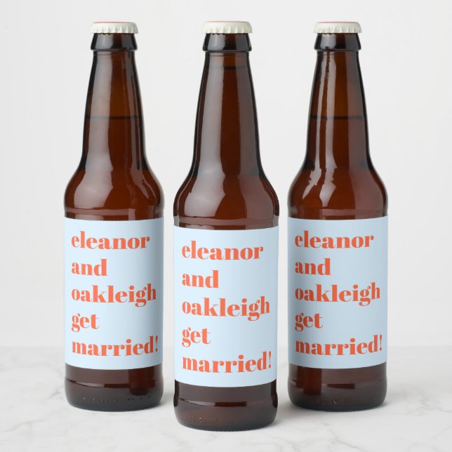 Bold Typography Fun Blue Orange Modern Wedding Beer Bottle Label (Bottles)