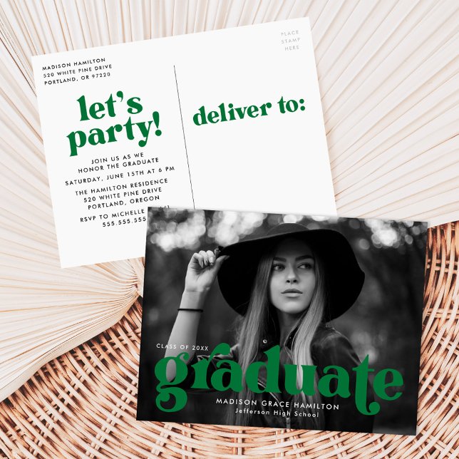 Bold Typography Green Photo Graduation Party Invitation Postcard (Creator Uploaded)