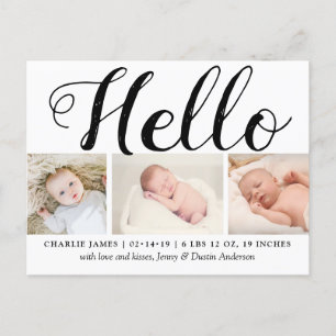 Bold Typography "Hello" 3 Photo Birth Announcement Postcard