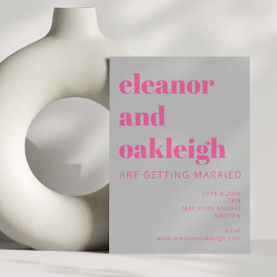 Bold Typography Hot Pink and Grey Modern Wedding Invitation