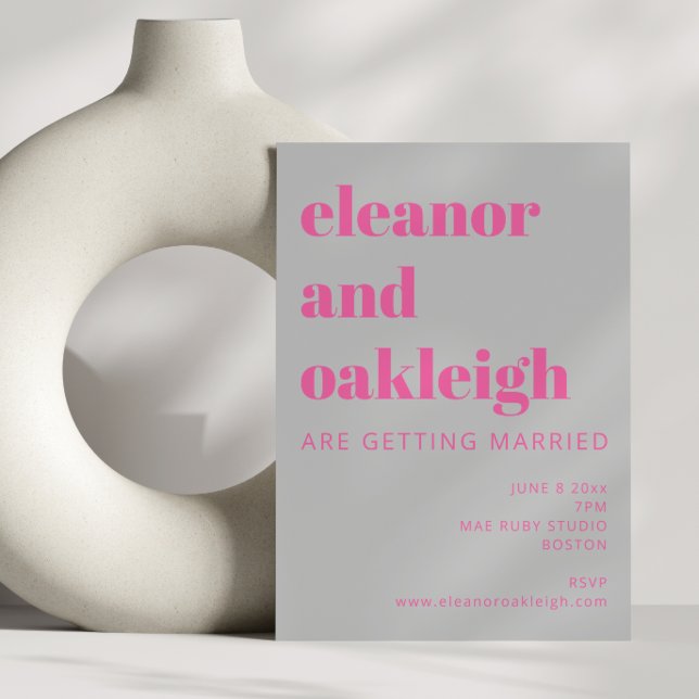 Bold Typography Hot Pink and Grey Modern Wedding Invitation