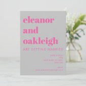 Bold Typography Hot Pink and Grey Modern Wedding Invitation (Standing Front)