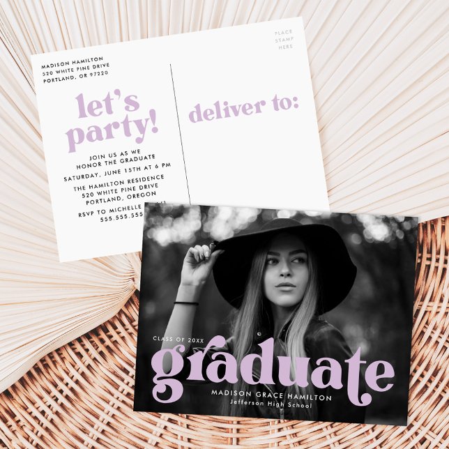 Bold Typography Lilac Photo Graduation Party Invitation Postcard (Creator Uploaded)