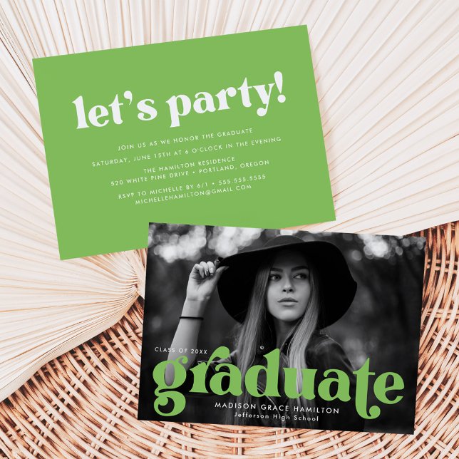 Bold Typography Lime Green Photo Graduation Party Invitation (Creator Uploaded)