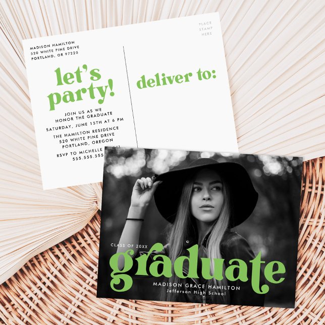Bold Typography Lime Green Photo Graduation Party Invitation Postcard (Creator Uploaded)
