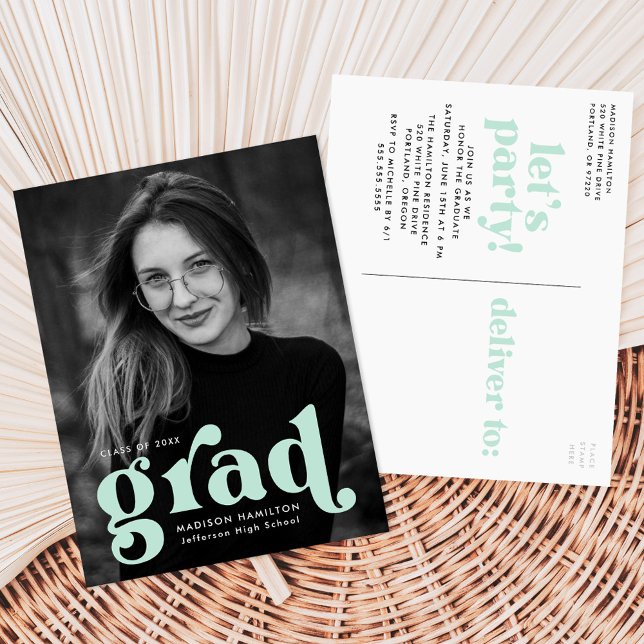 Bold Typography Mint Green Photo Graduation Party Invitation Postcard (Creator Uploaded)