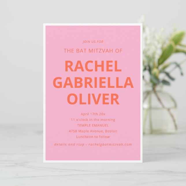 Bold Typography Modern Pink Orange Bat Mitzvah Invitation (Standing Front)