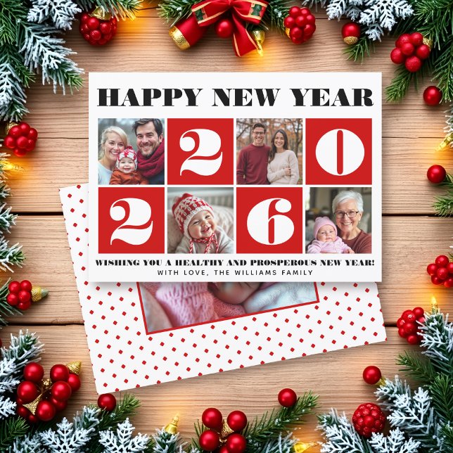 Bold typography New Year 2026 photo collage red Holiday Card (Creator Uploaded)