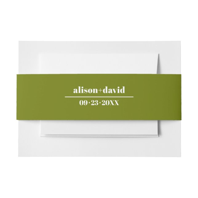 Bold typography olive green minimalist wedding invitation belly band (Front Example)