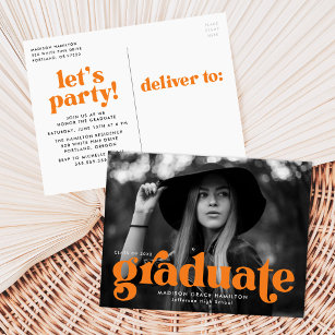 Bold Typography Orange Photo Graduation Party Invitation Postcard