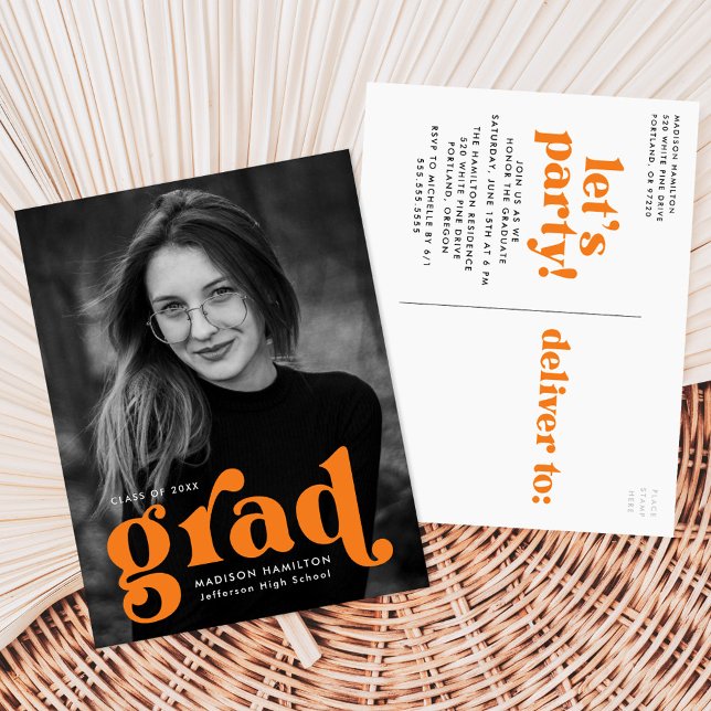 Bold Typography Orange Photo Graduation Party Invitation Postcard (Creator Uploaded)
