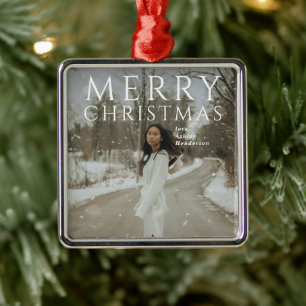 Bold Typography Photo Modern Christmas Metal Tree Decoration