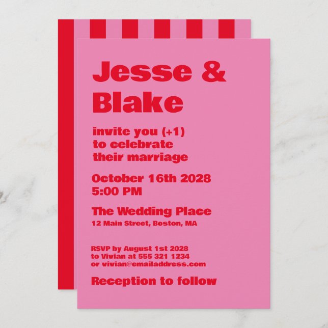 Bold Typography, Pink and Red Wedding Invitation (Front/Back)