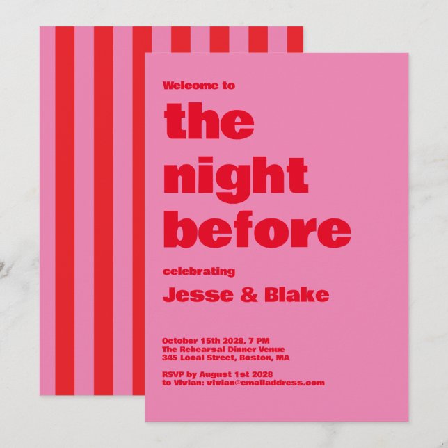 Bold Typography, Pink and Red Wedding Invitation (Front/Back)