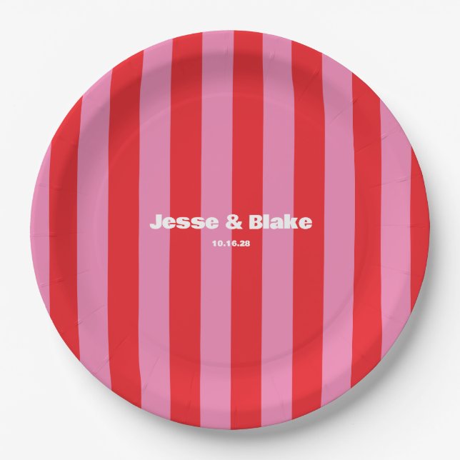 Bold Typography, Pink and Red Wedding Paper Plate (Front)