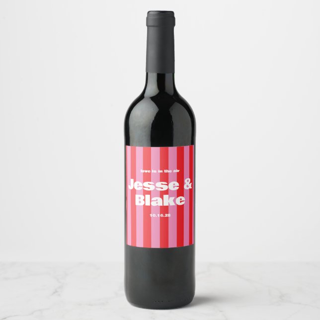 Bold Typography, Pink and Red Wedding Wine Label (Front)