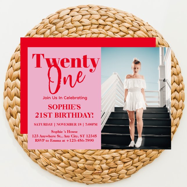 Bold Typography Pink Modern 21st Birthday Party  Invitation (Creator Uploaded)