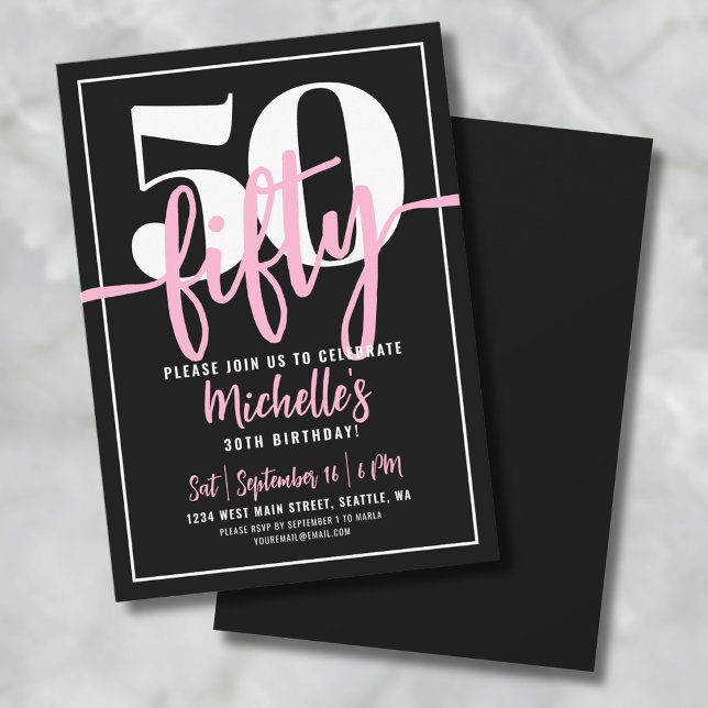Bold Typography Pink Modern 50th Birthday Invitation (Fifty Modern Black 50th Birthday Party Invitation)