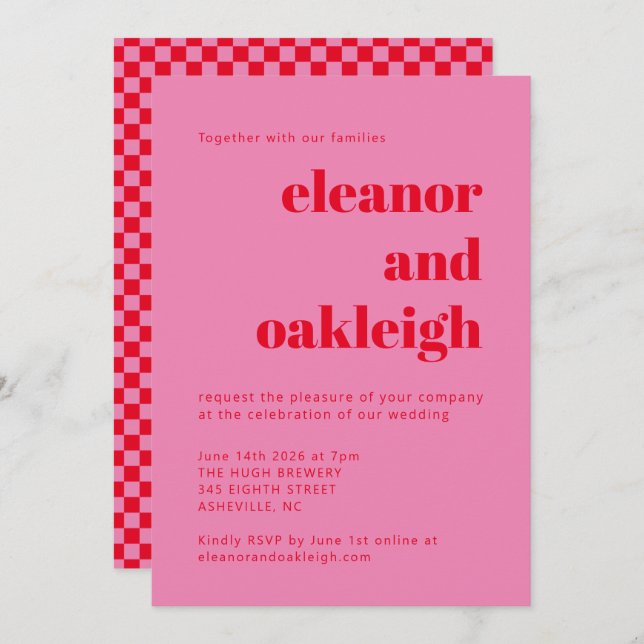 Bold Typography Pink Red Chequerboard Wedding Invitation (Front/Back)