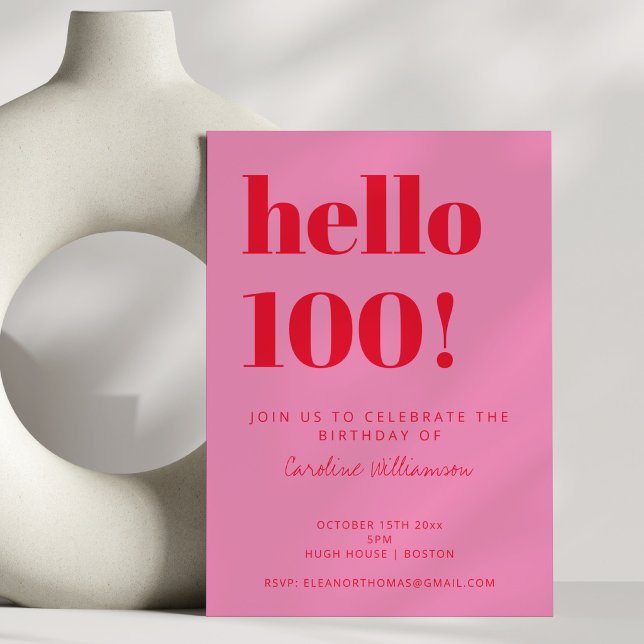 Bold Typography Pink Red Modern 100th Birthday Invitation (Creator Uploaded)