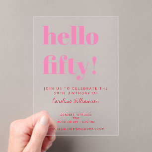 Bold Typography Pink Red Modern 50th Birthday Acrylic Invitations