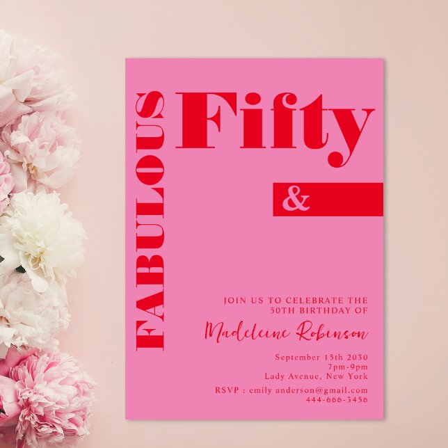 Bold Typography Pink Red Modern 50th Birthday Invitation (Creator Uploaded)